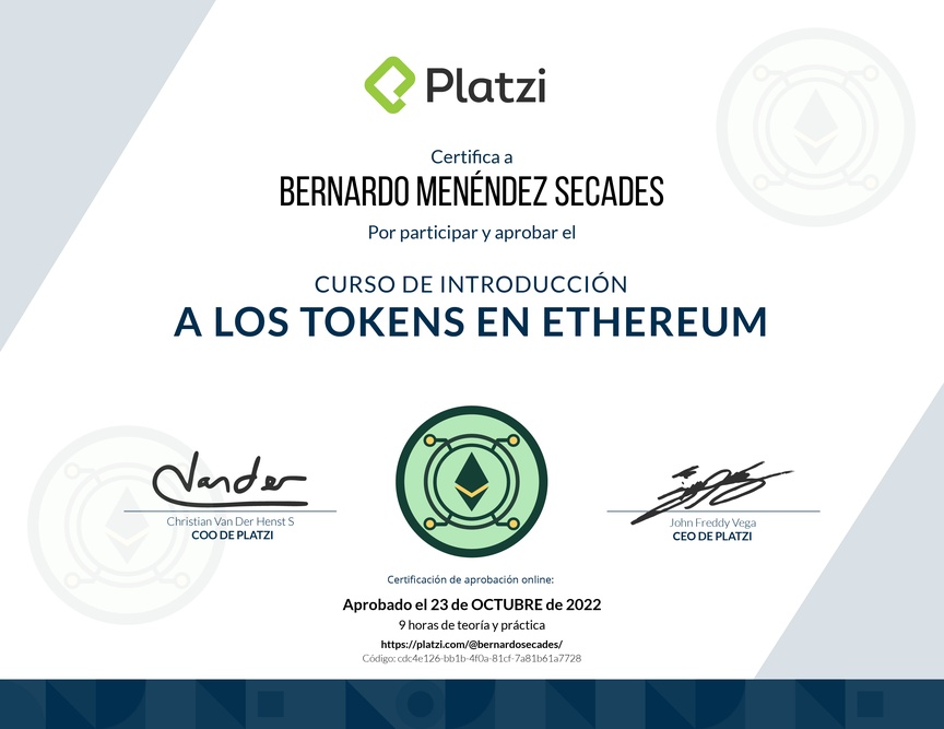 Diploma del Curso de Tokens en Ethereum: Fundamentos