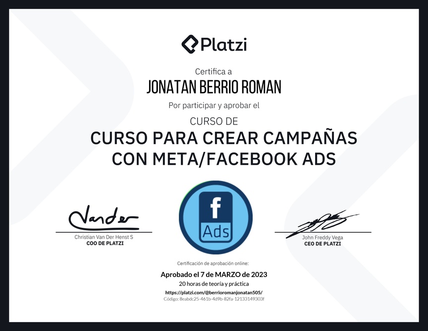 Diploma del Curso para Crear Campañas con Meta/Facebook Ads