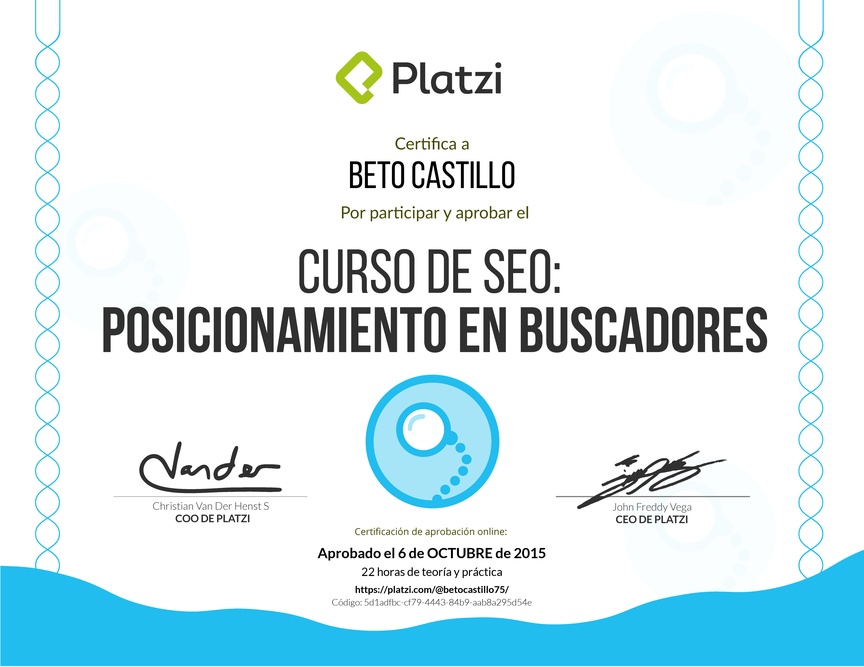 Diploma del Curso de SEO: Posicionamiento en buscadores 2016