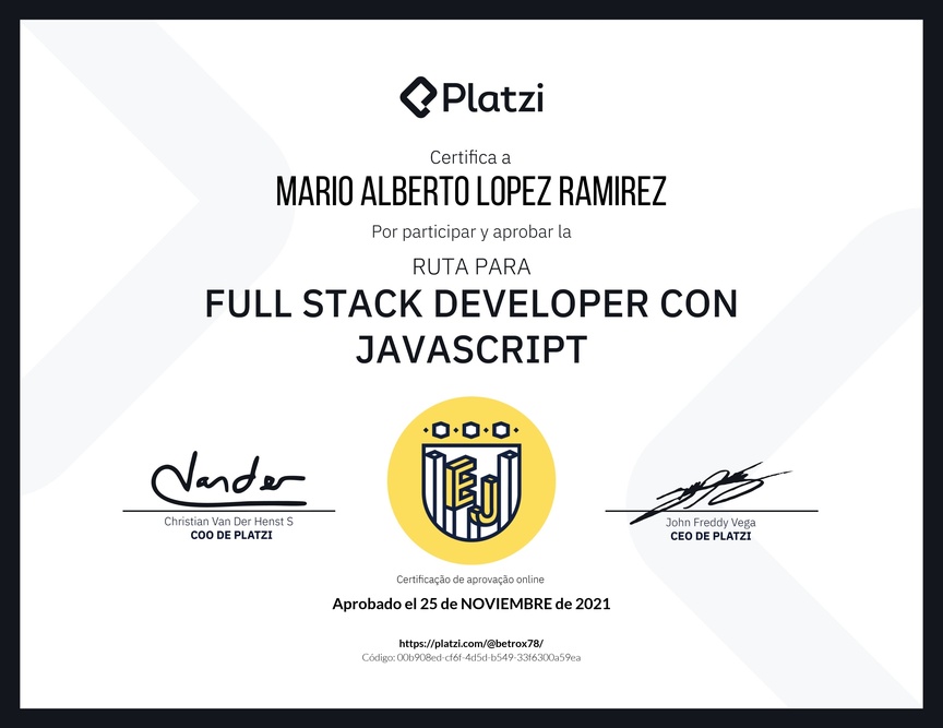 Diploma de la Ruta de Aprendizaje de Full Stack Developer con JavaScript