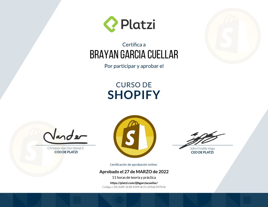Diploma del Curso de Shopify