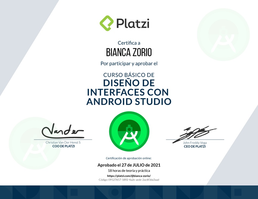 Diploma del Curso Básico de Diseño de Interfaces con Android Studio
