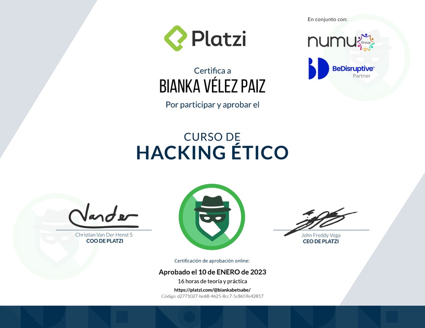 Diploma del Curso de Hacking Ético