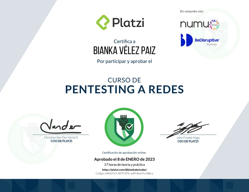Diploma del Curso de Pentesting a Redes