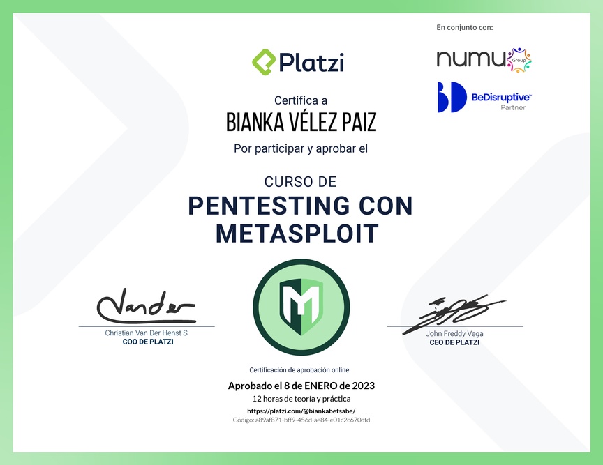 Diploma del Curso de Hacking: Pentesting con Metasploit