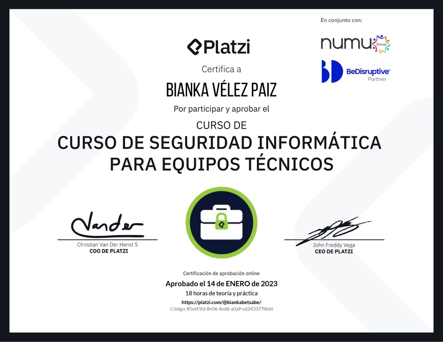 Diploma del Curso de Seguridad Informática para Equipos Técnicos