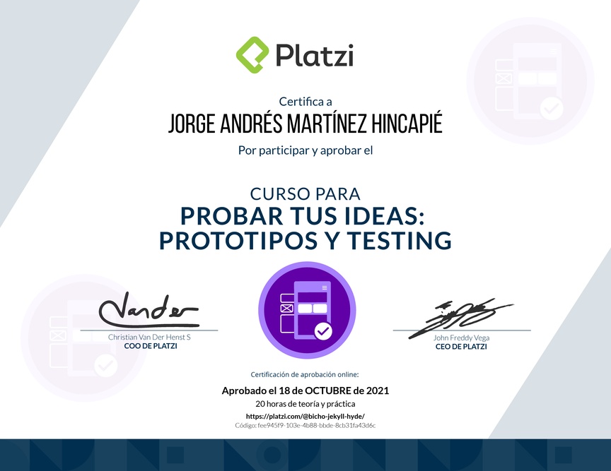 Diploma del Curso de validación de Ideas: Prototipos y Testing Exitosos