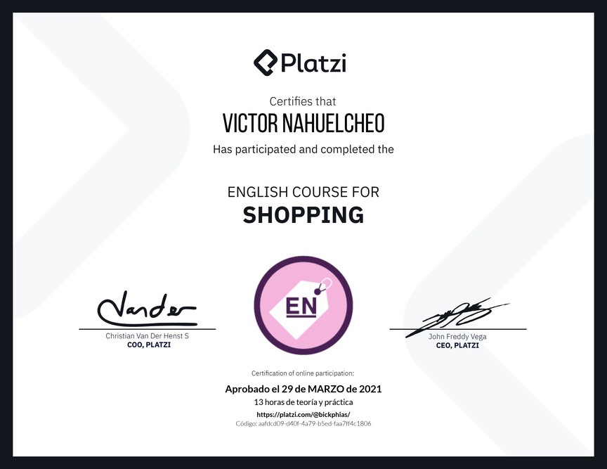 Diploma del Curso de Inglés para Compras (2020)