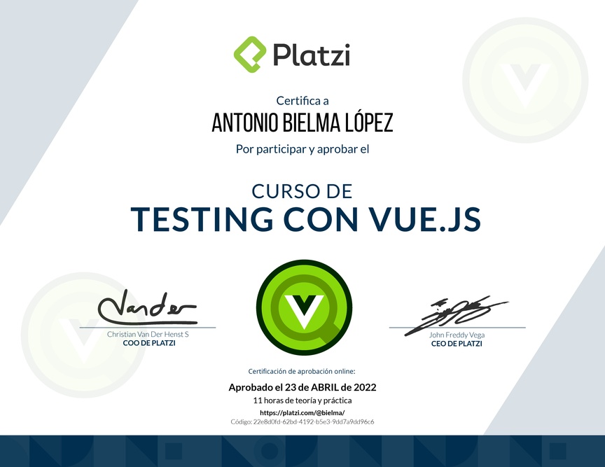 Diploma del Curso de Testing con Vue.js 2