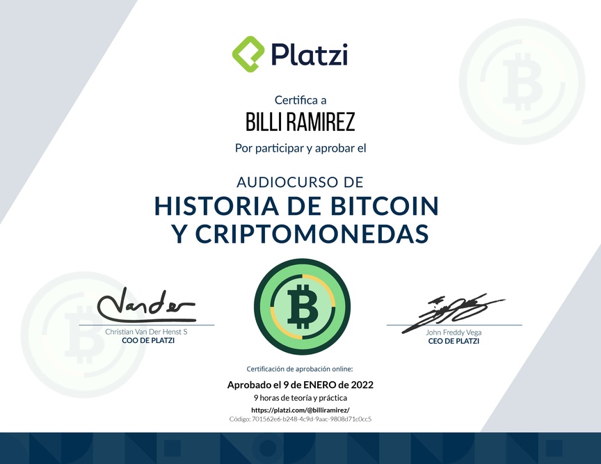 Diploma de Audiocurso de Historia de Bitcoin y Criptomonedas