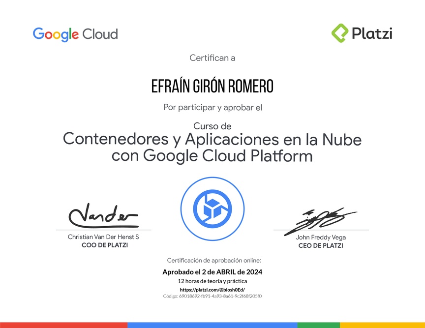 Diploma del Curso de Contenedores y Aplicaciones en la Nube con Google Cloud Platform