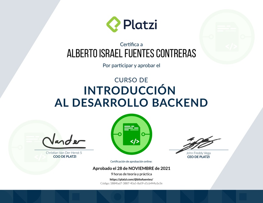 Diploma del Curso de Introducción al Desarrollo Backend