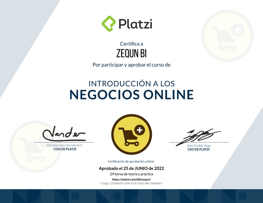 Diploma del Curso de Introducción a los Negocios Online en Ecommerce