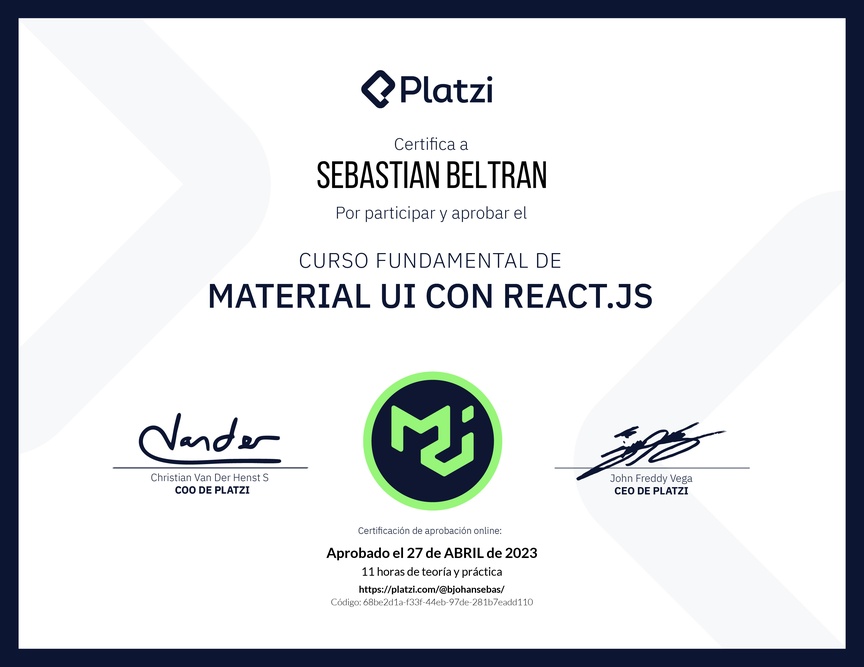 Diploma del Curso Fundamental de Material UI con React