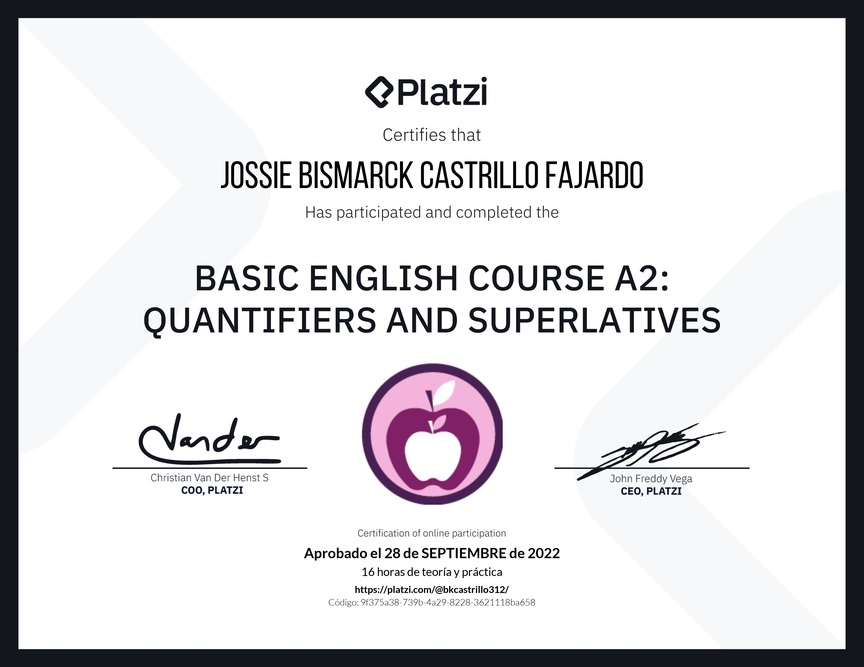 Diploma del Curso de Inglés Básico A2: Cuantificadores y Superlativos