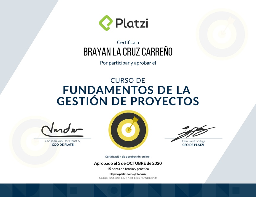 Diploma del Curso de Fundamentos de Gestión de Proyectos 2019