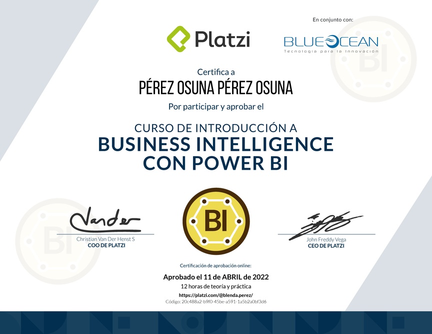 Diploma del Curso de Introducción a Business Intelligence con Power BI