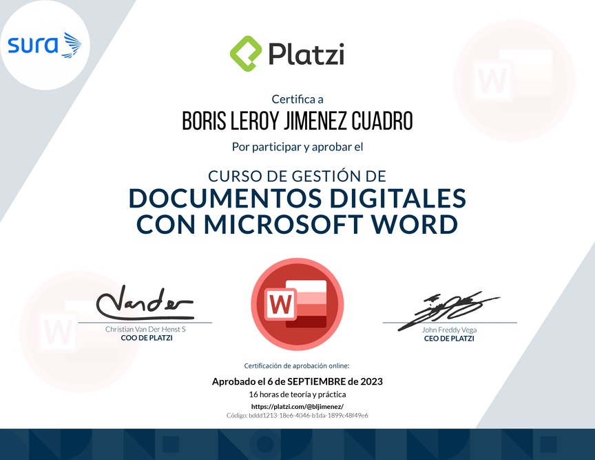 Diploma del Curso de Gestión de Documentos Digitales con Microsoft Word