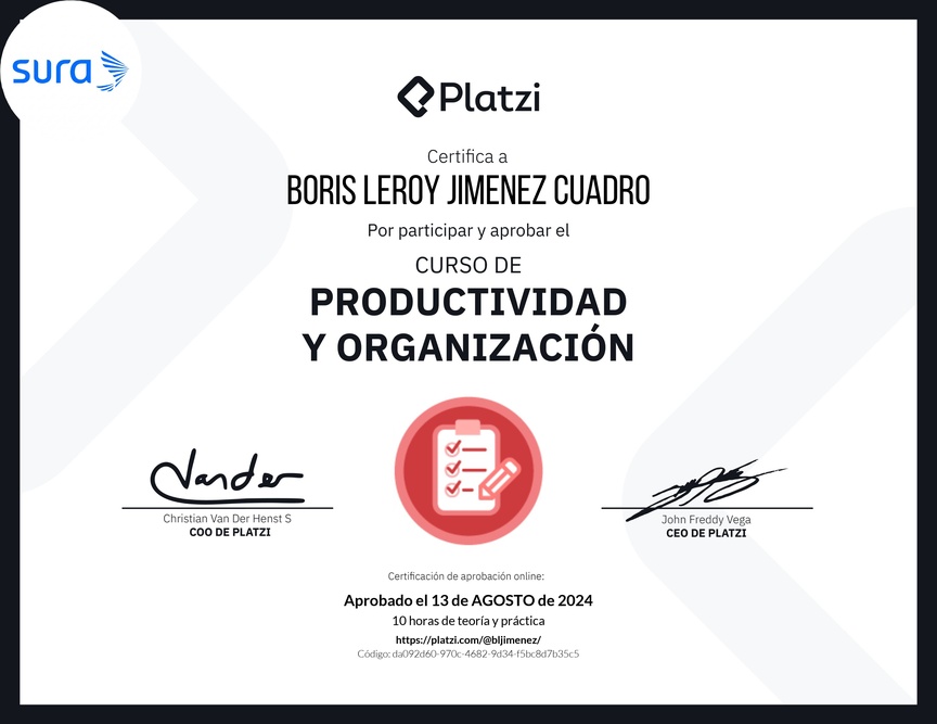 Diploma del Curso de Productividad y Organización