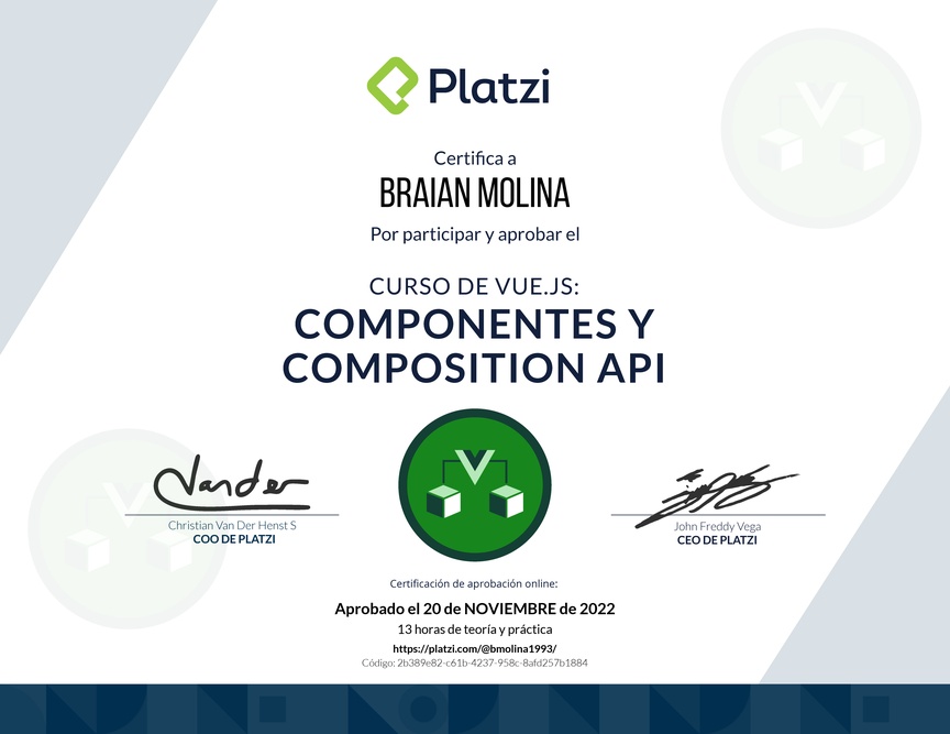 Diploma del Curso de Vue.js: Componentes y Composition API