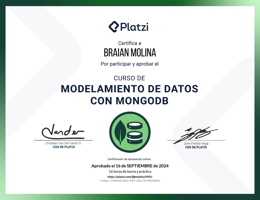 Diploma del Curso de Modelado de Datos en MongoDB