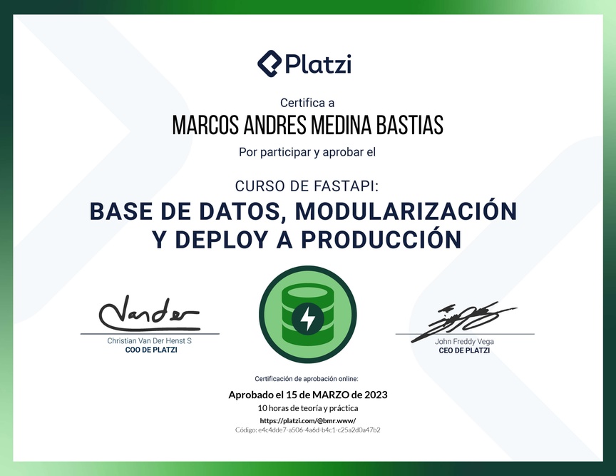 Diploma del Curso de FastAPI: Base de Datos, Modularización y Deploy a Producción