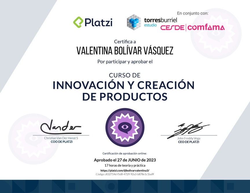 Diploma del Curso de Innovación y Creación de Productos