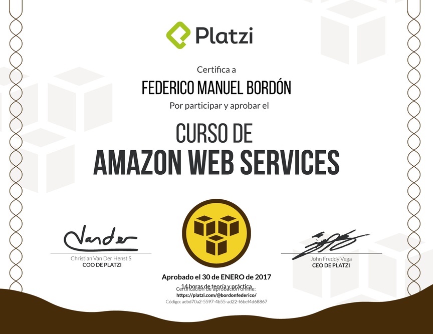 Diploma del Curso de Deploy con Amazon Web Services 2015