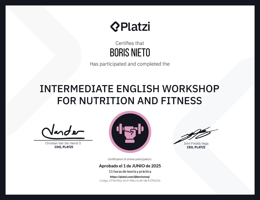 Diploma del Curso de Inglés Práctico sobre Nutrición y Fitness