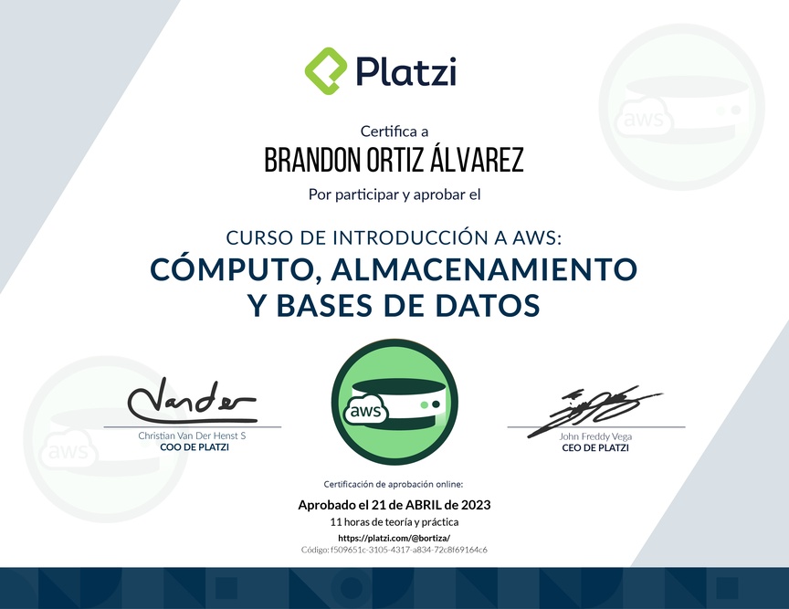 Diploma del Curso de Introducción a AWS: Cómputo, Almacenamiento y Bases de Datos