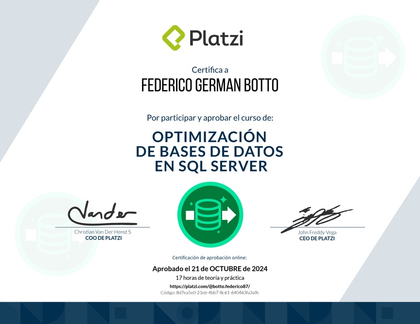 Diploma del Curso de Optimización de Bases de Datos en SQL Server