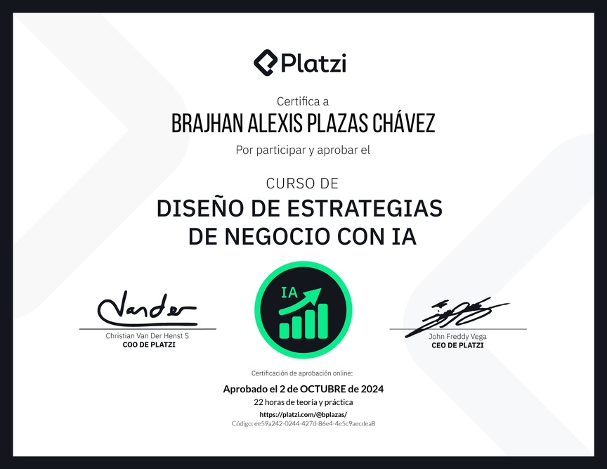 Diploma del Curso de Diseño de Estrategias de Negocio con Inteligencia Artificial: Optimización y Personalización