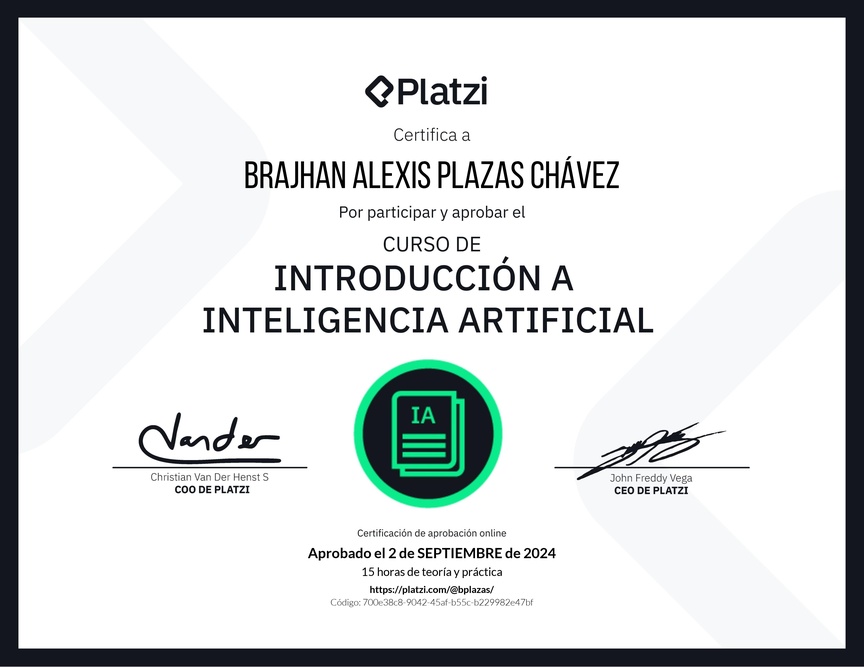 Diploma del Curso de Introducción a Inteligencia Artificial (2023)
