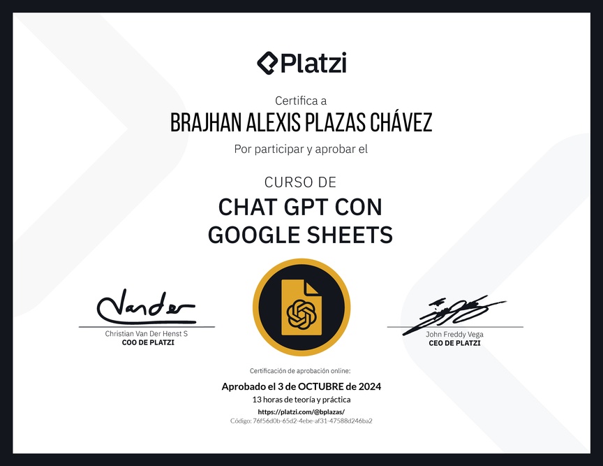 Diploma del Curso de ChatGPT con Google Sheets