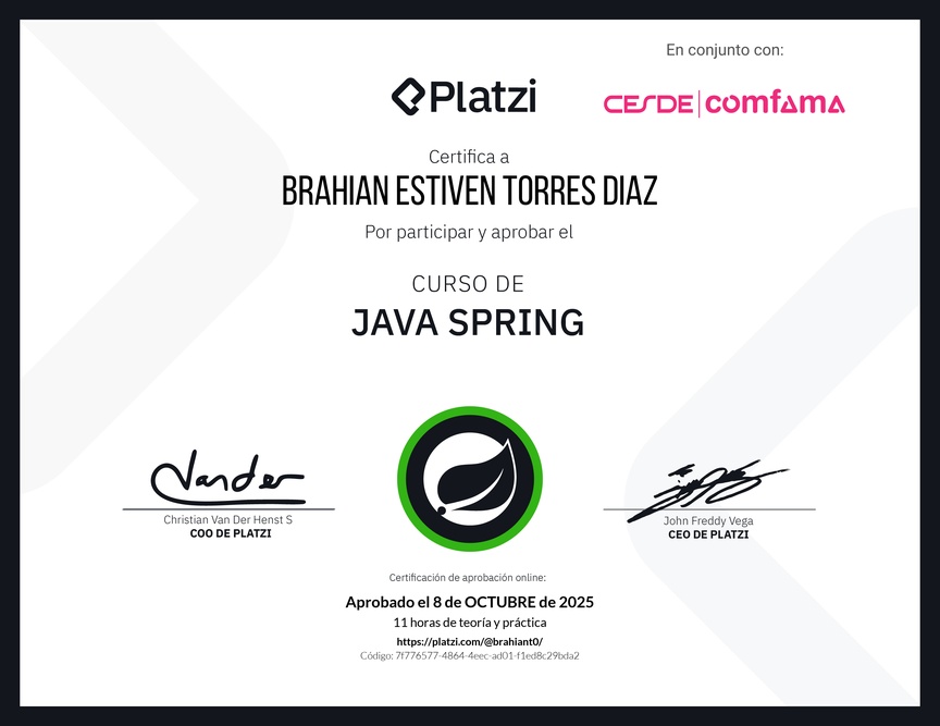 Diploma del Curso de Java Spring Boot