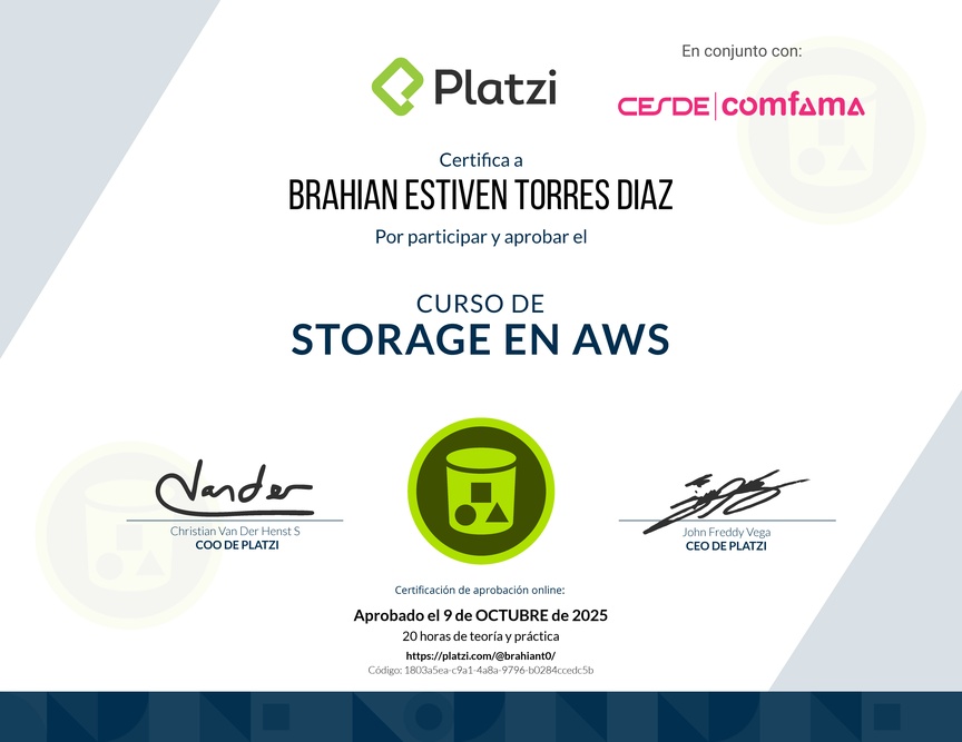 Diploma del Curso Práctico de Storage en AWS