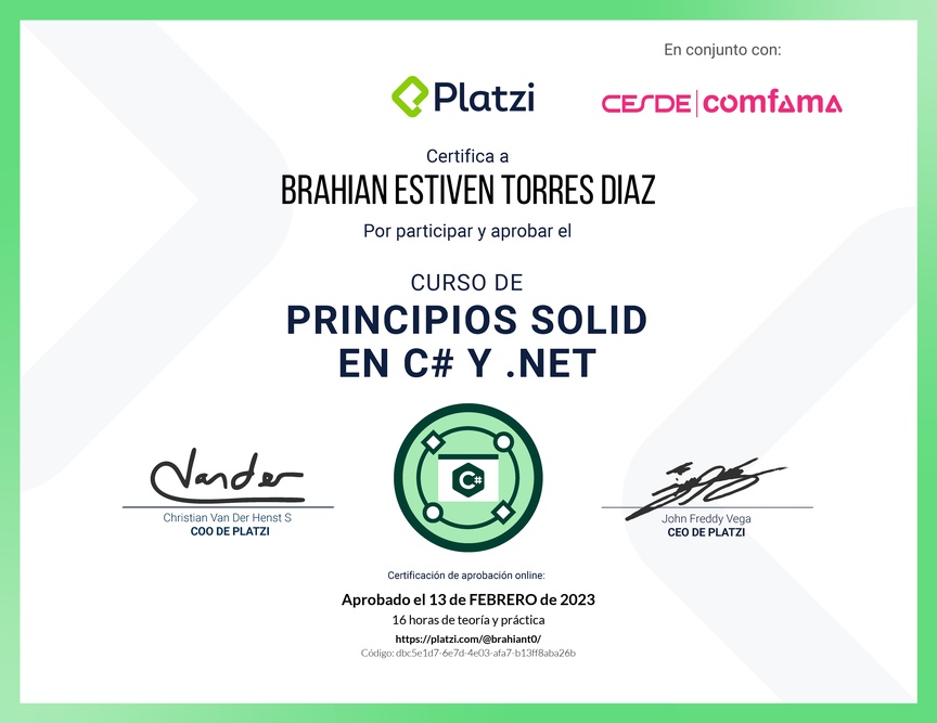 Diploma del Curso de Principios SOLID en C# y .NET