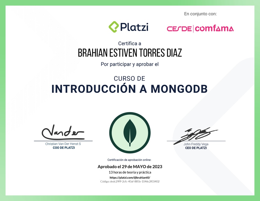 Diploma del Curso de Introducción a MongoDB
