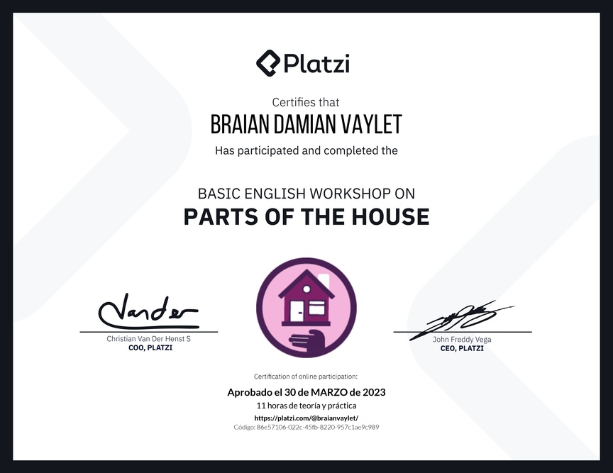 Diploma de Taller de Inglés Básico sobre las Partes de la Casa (2022)