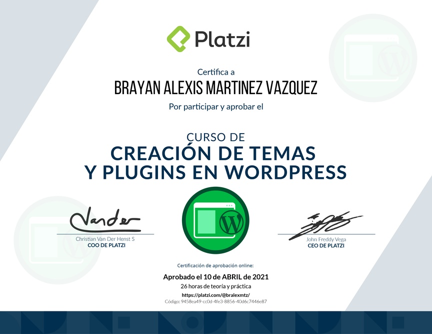 Diploma del Curso de Creación de Temas y Plugins en WordPress