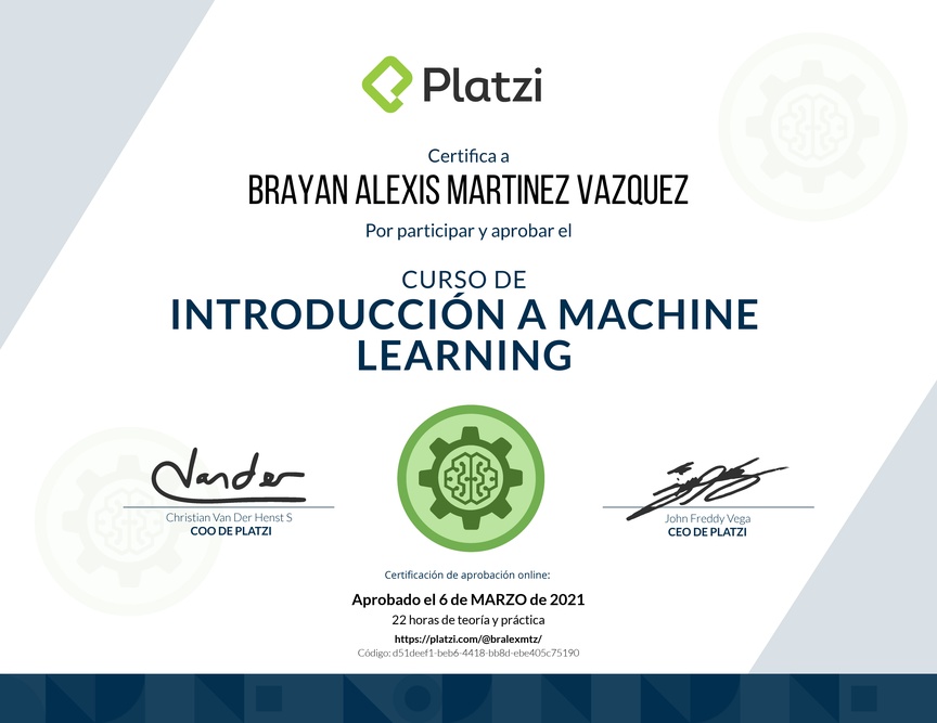 Diploma del Curso de Introducción a Machine Learning 2019