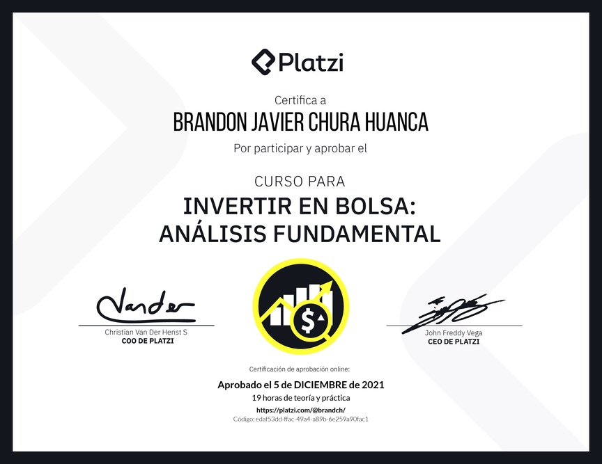 Diploma del Curso para Invertir en Bolsa: Análisis Fundamental