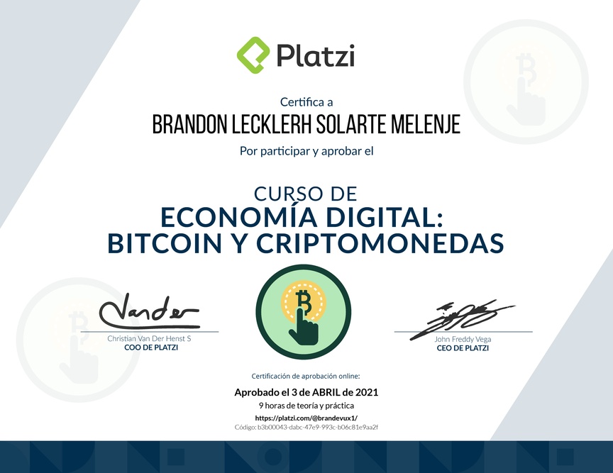 Diploma del Curso de Lectura Economía Digital: Bitcoin y Criptomonedas