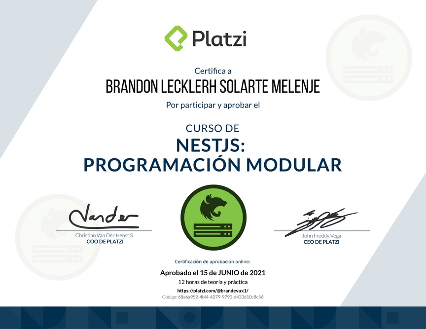 Diploma del Curso de NestJS: Programación Modular, Documentación con Swagger y Deploy