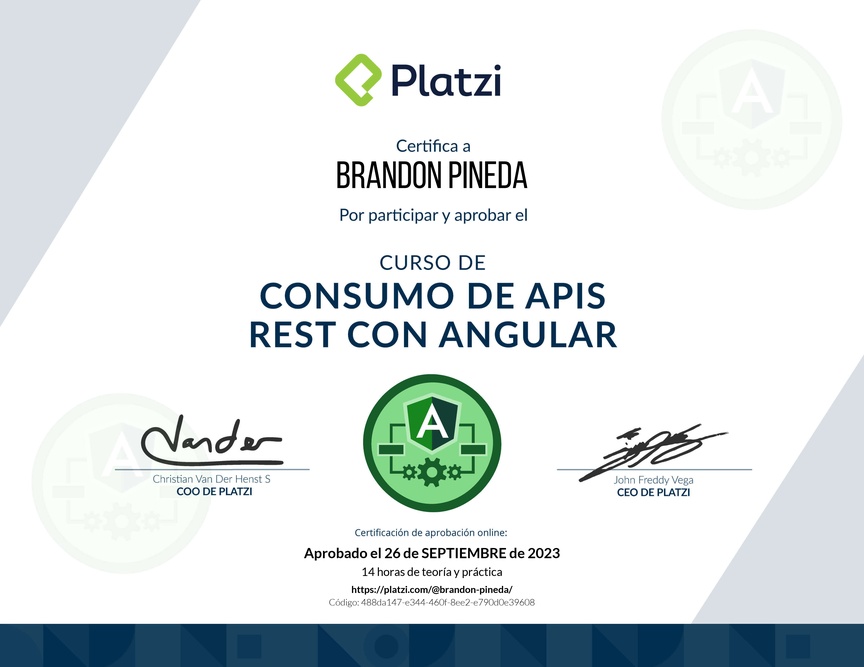 Diploma del Curso de Consumo de APIs REST con Angular