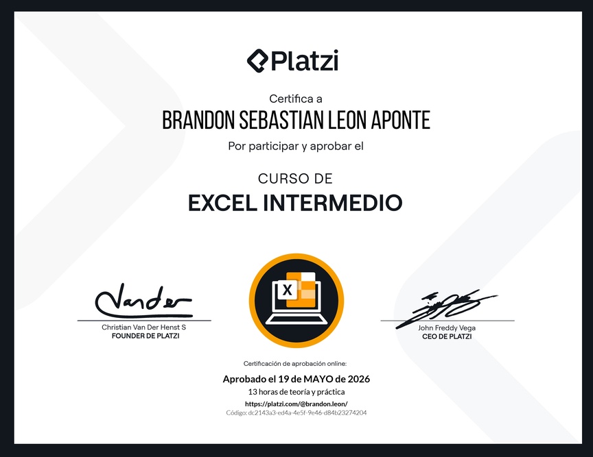 Diploma del Curso de Excel Intermedio