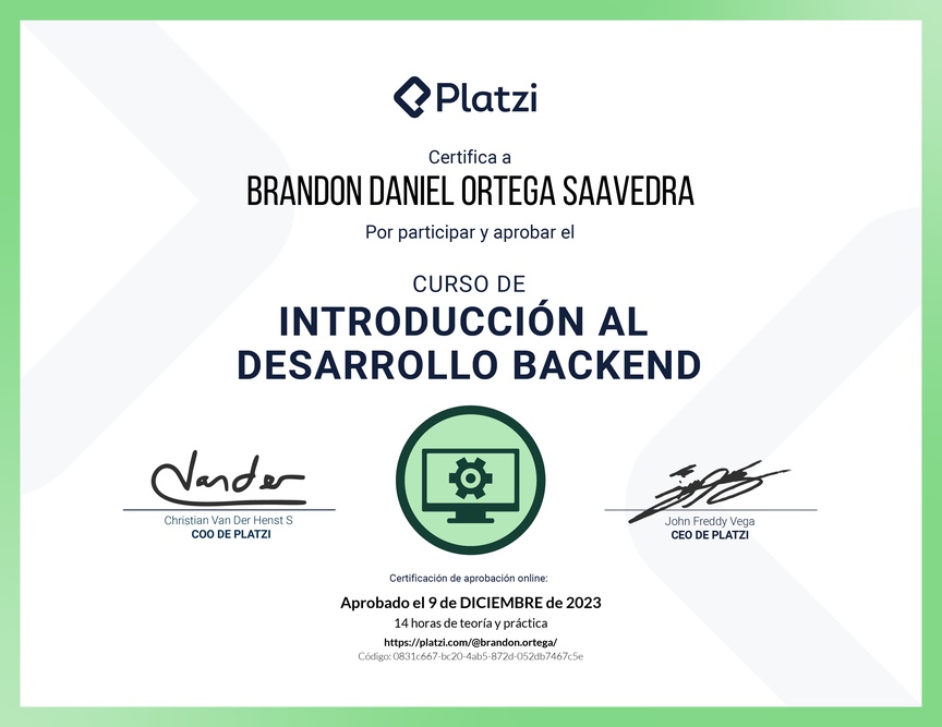 Diploma del Curso de Introducción al Desarrollo Backend