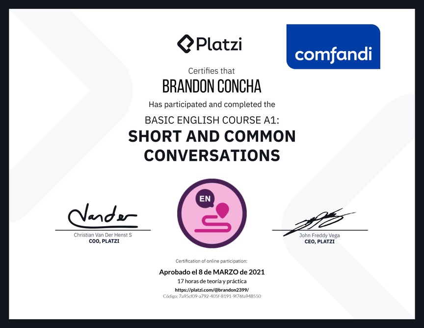 Diploma del Curso de Inglés Básico A1: Conversaciones Cortas y Habituales (2020)