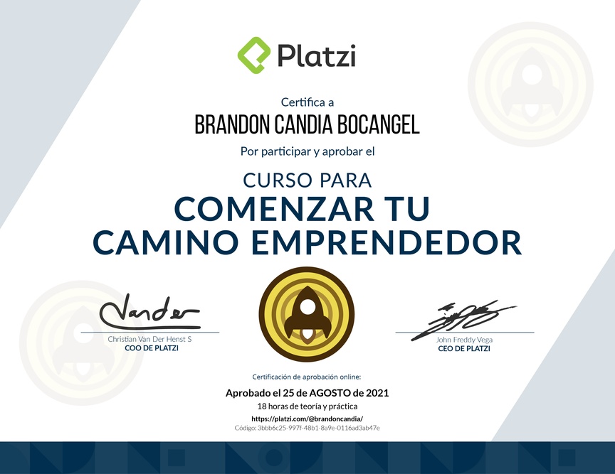 Diploma del Curso para Comenzar tu Camino Emprendedor