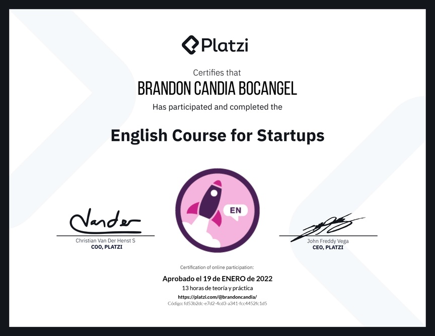 Diploma del Curso para Startups en Inglés (2021)